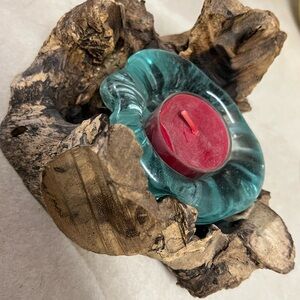 Handblown Teal Glass Tea Light Holder with Red Candle